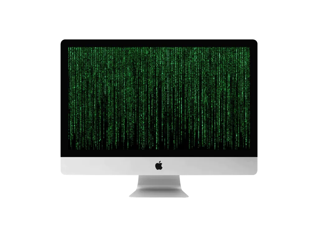 Bild eines iMacs mit grünen Teichen und Symbolen auf dem Bildschirm.