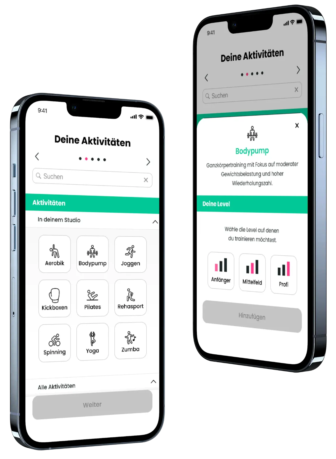 Zwei iPhones im Mockup zeigen die Fitnessangebote im Menuepunkt deine Aktivitaeten und die dazugehoerige Auswahl der Level in der 2Bfit-App