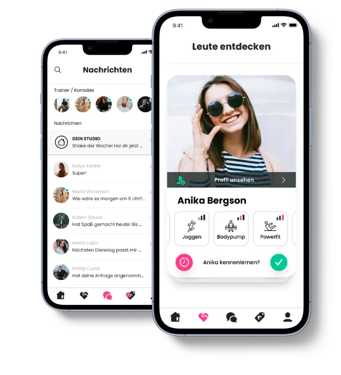 Zwei iPhones im Mockup zeigen die Ansicht einer Person im Menüpunkt Leute entdecken und den Chat-Bereich der 2Bfit-App