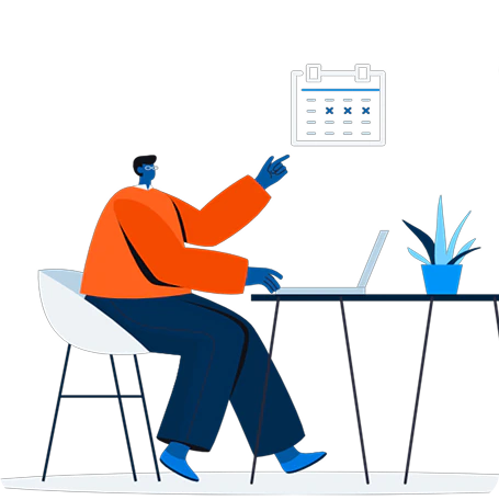 Illustration von zwei Personen, die über ein Seitenlayout sprechen