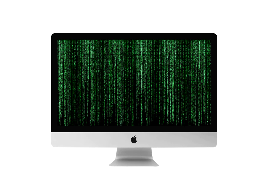 Bild eines iMacs mit grünen Zeichen und Symbolen auf dem Bildschirm.