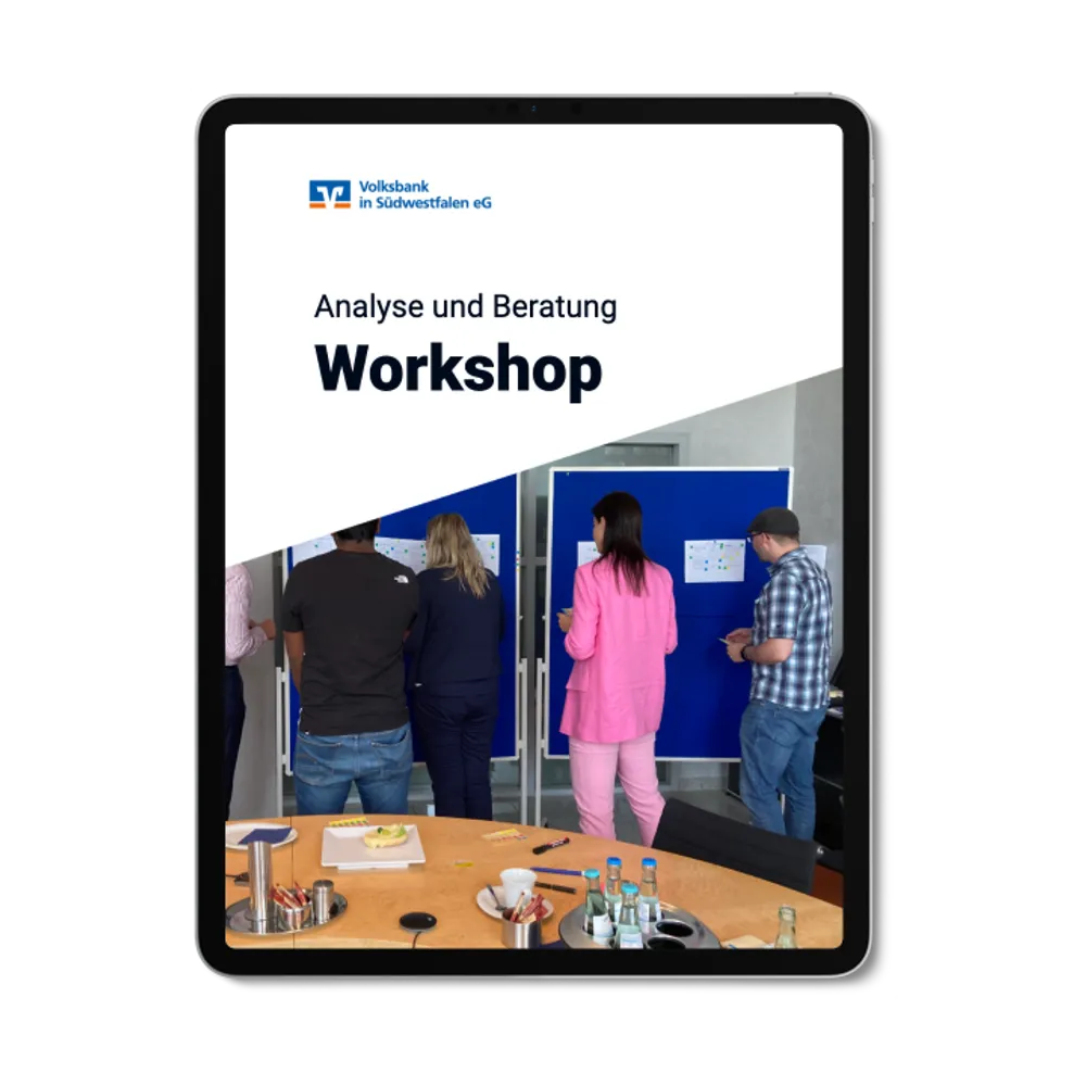 Mock up eines Tablets mit dem Volksbanklogo und Titel eines Workshops
